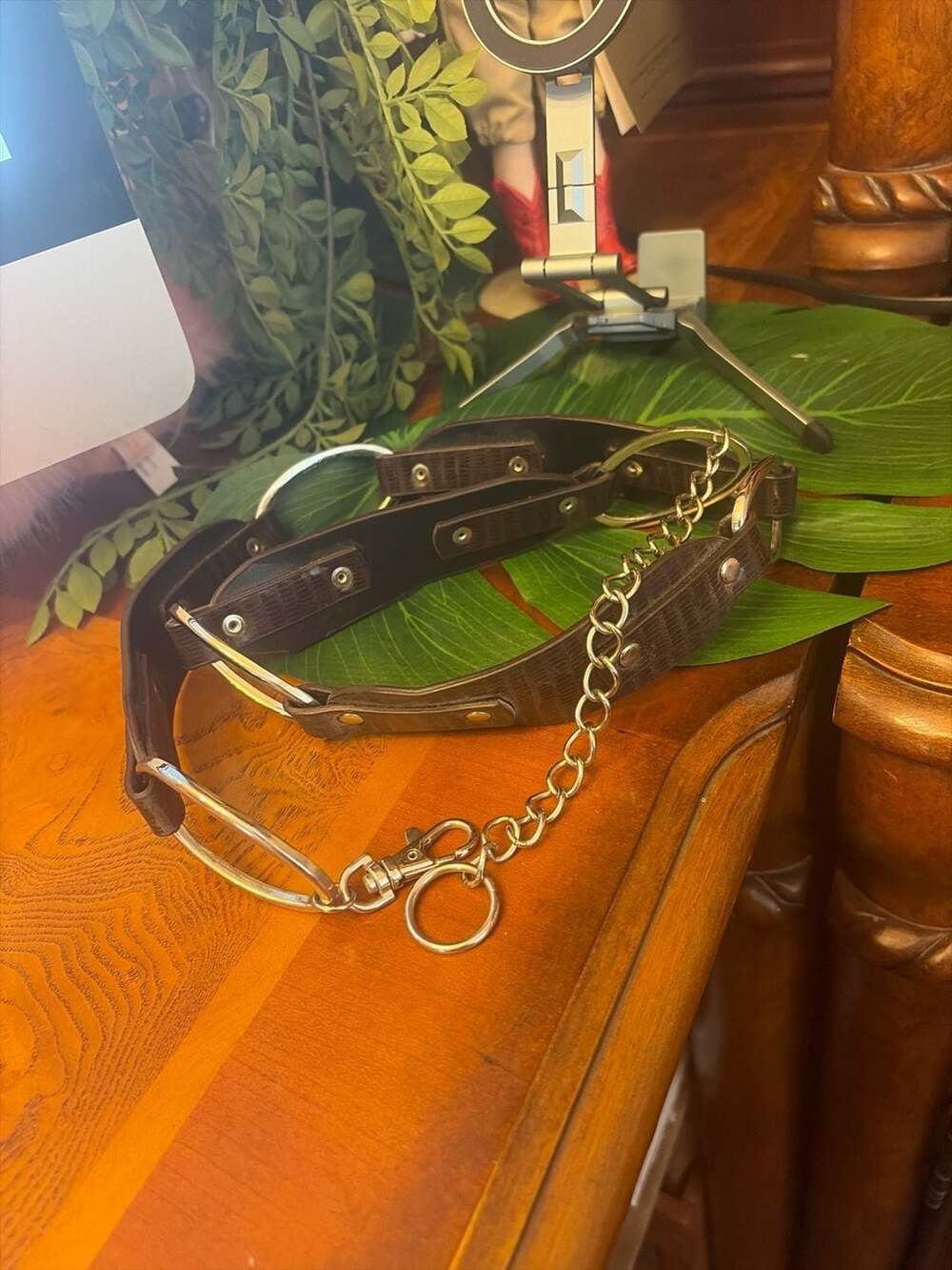 Vintage Brown Faux Lizard Leather O-Ring Chain Belt